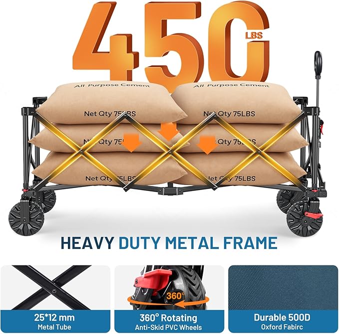 TIMBER RIDGE 51.2" Extended Collapsible Wagon - Heavy-Duty Utility Cart with All-Terrain Wheels, Brakes & Cargo Net, 400L Capacity for Camping, Sports & Shopping, Blue