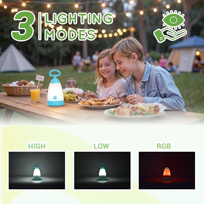 Kids Camping Lantern & Night Light Battery Powered (AAA Included), 360° Eye-Safe Light, IPX4 Waterproof with RGB Modes Portable for Outdoor, Emergency & Bedtime, Gift for Children (Blue)