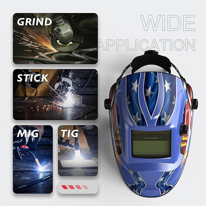 YESWELDER Auto Darkening Welding Helmet, Blue Light Blocking, 1/1/1/1 True Color Solar Powered Welding Hood with 2 Arc Sensors, Wide Shade 3.5/9-13 Welder Mask for TIG MIG ARC and Grind