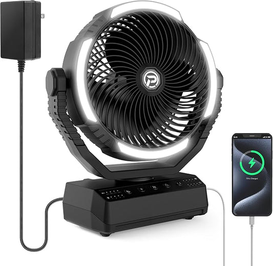 PANERGY Camping Fan with Light - 20000mAh Rechargeable Battery Fan with Charger, 70Hrs Cooling Time, 4 Speeds, 110° Auto Oscillation & 270° Pivot Design with Hook for Camping/Power Outage/Hurricane