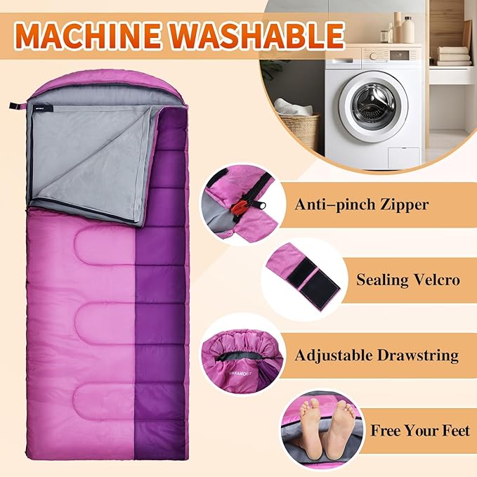XL 10 Degree Sleeping Bags Waterproof for Adults 350GSM Machine Washable with Compression Sack for 3-4 Season Camping Outdoor