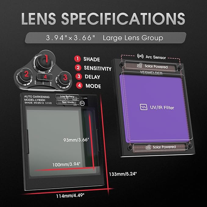 YESWELDER Large View Auto Darkening Welding Helmet, Blue Light Blocking, 1/1/1/1 True Color Solar Powered Welder Hood Mask with 4 Arc Sensors, Wide Shade 3/5-9/9-13 for TIG MIG ARC Cut and Grind