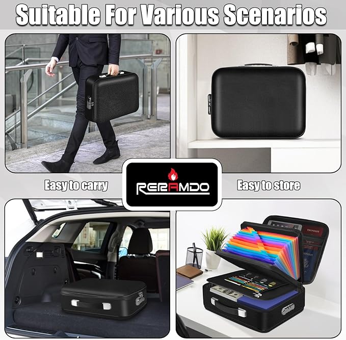 Fireproof Document Box, Hard Shell Fireproof Box, Document Organizer with Lock, Fireproof Water Resistant box, Portable Documents Safe Box for Important Document Certificates, Laptop, Passports, Black