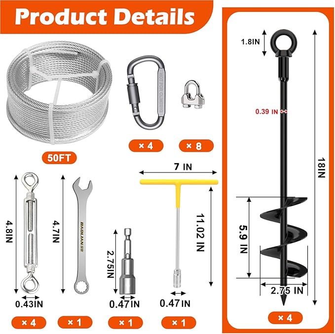 4 Pack 18" Fully Welded Ground Anchors Shed Anchor Kit with 1/8" Galvanized Cable, Heavy Duty Earth Anchors High Wind Screw in for Trampoline Swingset Tent Greenhouses (Black)