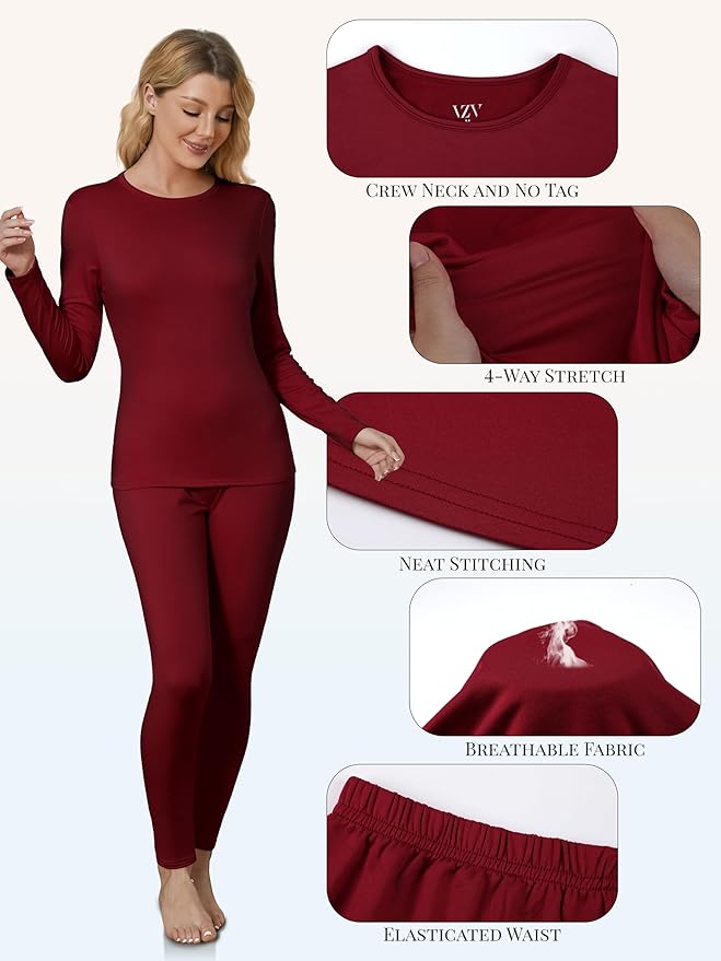 VZV Thermal Underwear for Women, Long Johns for Women Thermal Sets Fleece Lined Base Layer Top and Bottom Set