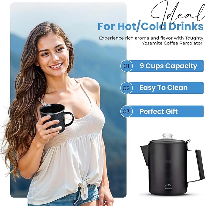Toughty Yosemite Percolator Coffee Pot – Classic Coffee Percolator Stovetop for Camping & Home – Durable Stainless Steel - Gas, Electric & Induction Stoves – Old-Fashioned Cowboy-Style Pot – 9 Cups