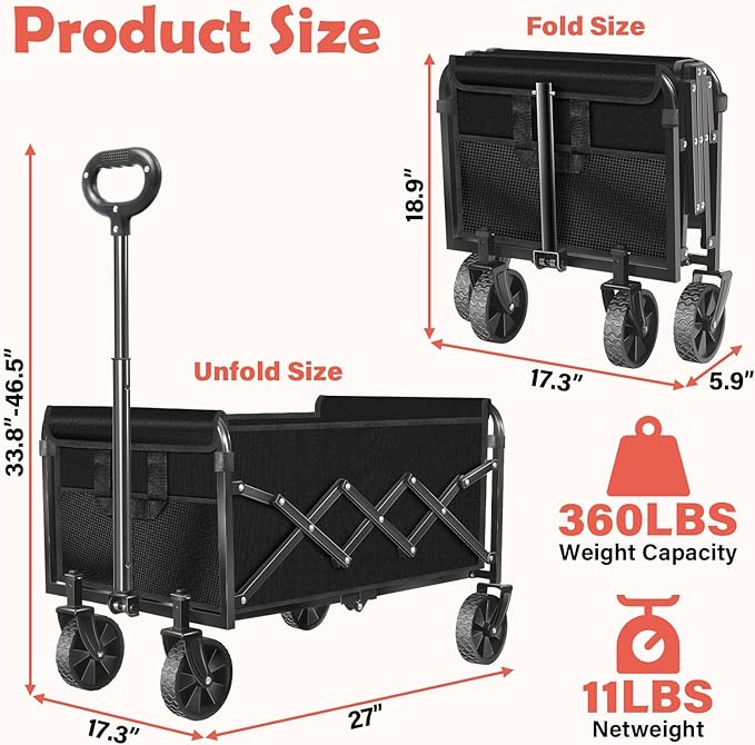 Wagons Carts Foldable, 360 Lbs with Adjustable Handle, Black Lightweight Portable, Collapsible Wagon for Beach Trip, Camping, Shopping, Sports, Travel, Picnic and Grocery with 2 Drink Holders