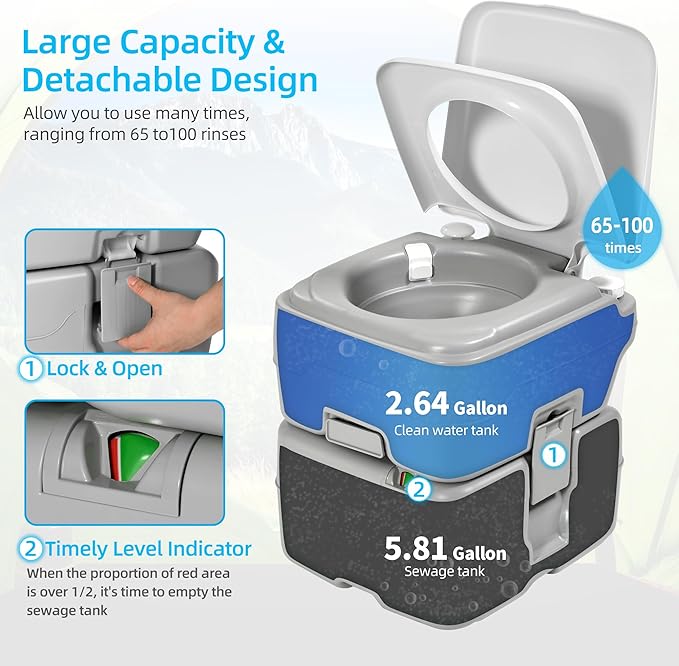 YITAHOME Portable Toilet Camping Porta Potty 5.8 Gallon with Hand Sprayer and Carry Bag, Leak-Proof Indoor Outdoor Toilet with Level Indicator, Handle Pump, Rotating Spout, for RV, Boat and Trips