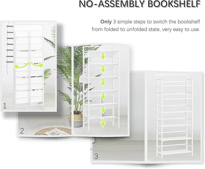 4NM No-Assembly 6 Tiers Folding Bookshelf Storage Shelves Vintage Bookcase Standing Racks Study Organizer Home Office (All White)
