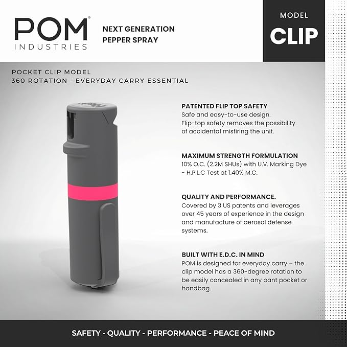 POM Pepper Spray Combo Pack, Keychain & Clip Model, Max Police Strength OC Formula, Quick Key Release, Flip Top Safety, 10 ft Range, 25 Bursts, 0.5 fl oz, Compact Tactical Design for Everyday Carry