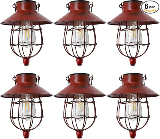 YAKii 6 Pack Solar Lantern Hanging Waterproof Outdoor Metal Solar Lamp with Warm White Light Decorate for Yard Garden Pathway Patio Porch (Red)