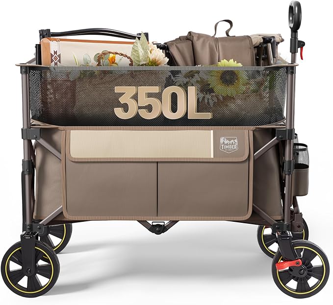 Timber Ridge 350L Extra Large Collapsible Folding Wagon Carts with Brake, Heavy Duty Outdoor Camping Utility Wagons with Extended Height, Adjustable Handle, Cup Holders, Side Bag(Tan)