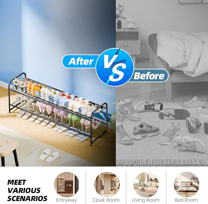 2 Tier Shoe Rack for Closet, 44 Inch Extra Long Shoe Storage Organizer for Shelves, Heavy Duty Metal, Easy Assembly, Black