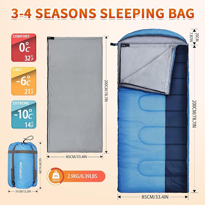 XL 10 Degree Sleeping Bags Waterproof for Adults 350GSM Machine Washable with Compression Sack for 3-4 Season Camping Outdoor