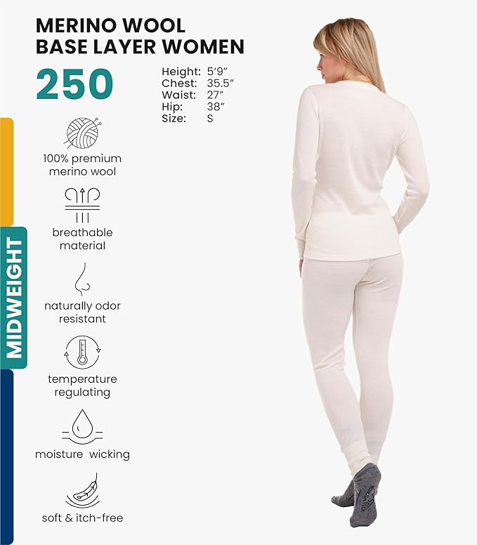 Merino.tech Merino Wool Base Layer Women Set - Heavyweight, Lite, Midweight Merino Thermal Underwear For Women Top, Bottom