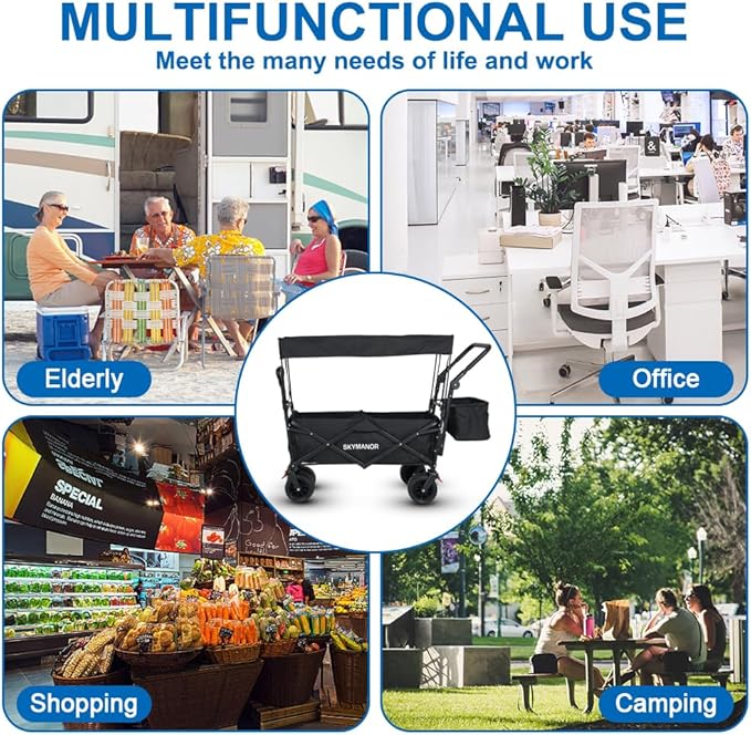 SKYMANOR Collapsible Wagon with Removable Canopy, 3-in-1 Heavy Duty Garden Cart with Big All-Terrain Wheels, Brakes, Adjustable Push Pull Handle, Cooler Bag, 300LBS Wagon Cart for Camping (Black)