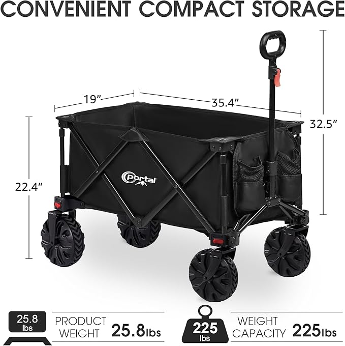 PORTAL Collapsible Folding Utility Wagon, Foldable Wagon Carts Heavy Duty, Large Capacity Beach Wagon with All Terrain Wheels, Outdoor Portable Wagon for Camping, Garden, Shopping, Groceries, Black