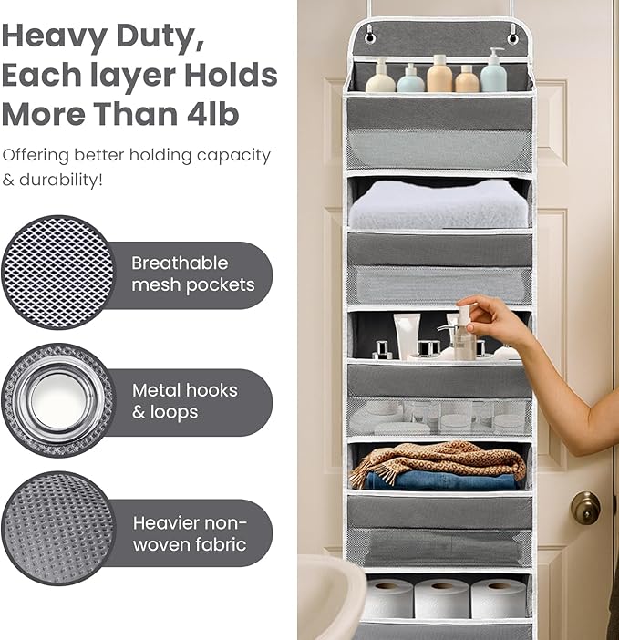 Over The Door Organizer with 8 Side Mesh Pockets, 44lb Weight Capacity Hanging Behind The Door Bathroom Organizers and Storage Suitable for Storing Toys, Shoes, Towels, Dark Grey, 5 Shelf