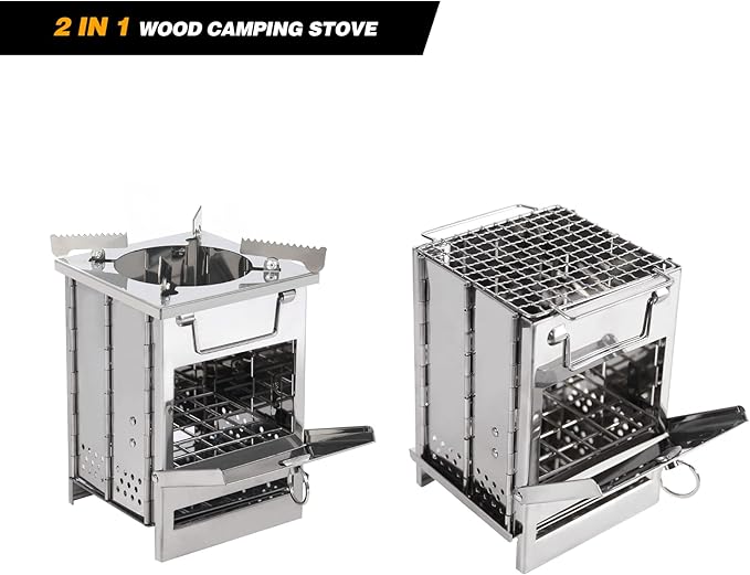 Portable Camping Wood Stove for Cooking, Folding Lightweight Stainless Steel Wood Stove with Grid and Pot Stand for Outdoor Camping Hiking Backpacking BBQ Picnic, Small