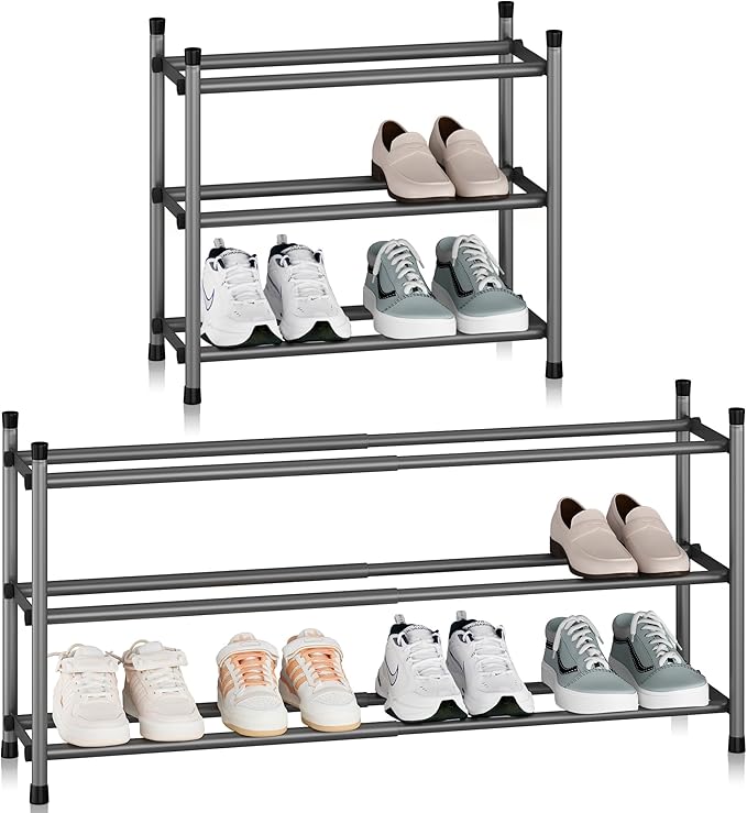 STORAGE MANIAC Expandable Shoe Rack, 12 Pairs Stackable Small Shoe Rack, Metal Adjustable Shoes Organizer for Closet, Entryway, Hallway, Garage, Front Door, Shoes Shelves, Black 3 Tier