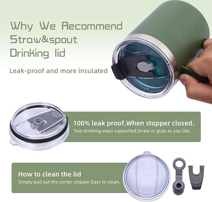 Volhoply 12oz Insulated Leakproof Coffee Mug with Flip & Straw Lid,Double Wall Vacuum Stainless Steel Travel Tumbler Cup with Handle,Reusable Camping Mugs Keep Cold/Hot(Army Green,1 Set)