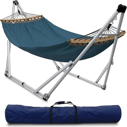 Tranquillo Ultimate Relaxation Portable Hammock Stand with Cotton Canvas, Spreader Bar, Quick Fold Unfold in 30 Seconds Steel Frame Hammock 600 lbs Capacity Hammock Set, White Frame, Blue