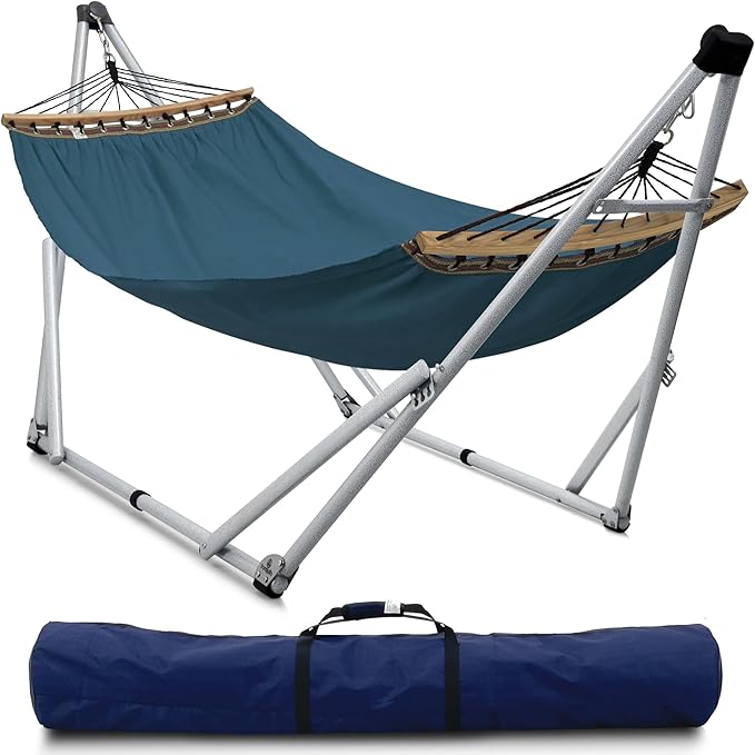 Tranquillo Ultimate Relaxation Portable Hammock Stand, Foldable Hammock Stand with Canvas Hammock, Spreader Bar, Quick Fold Unfold in 30 Seconds Steel Frame Hammock 600 lbs Capacity, White/Blue