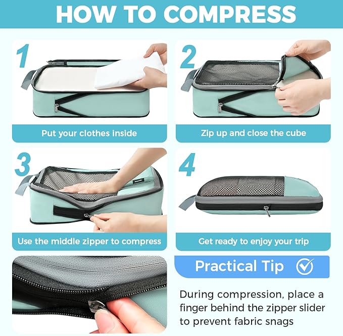 BAGAIL 4 Set/6 Set/8 Set Compression Packing Cubes Travel Accessories Expandable Packing Organizers(HalfMesh,8-DustyBlue)