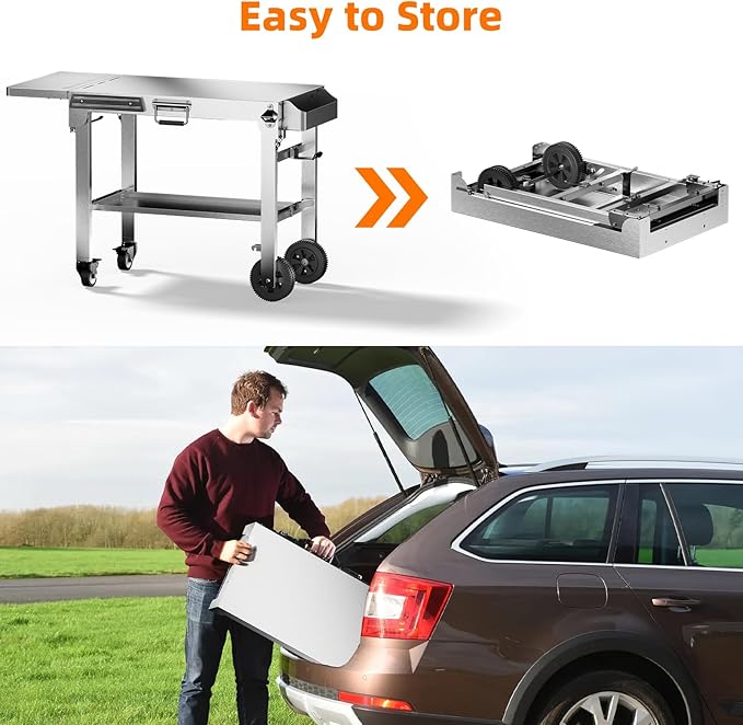 Food Grade 304 Stainless Steel BBQ Grill Table fits Tabletop Griddle, Outdoor Grill Table with 4 Foldable Legs, Portable Grill Stand for RV, Camping, Tailgating