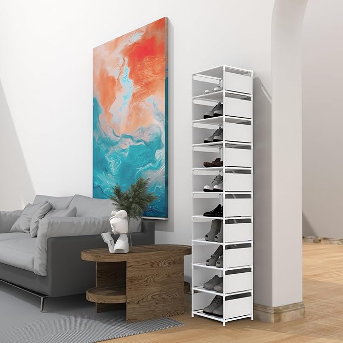 Narrow Shoe Rack, 10 Tier Vertical Shoe Rack for Closet Entryway, White Tall Slim Shoe Tower for Small Spaces, Shinky Shoe Organizer, Space Saving Corner Shoe Shelf