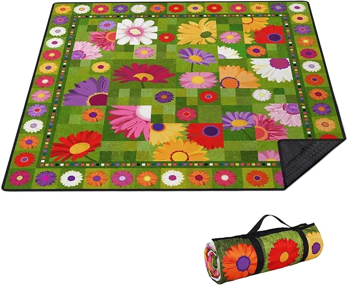 Extra Large Picnic Outdoor Blanket 80''x80'' Green Flower Waterproof and Sandproof Picnic Mat for Beach Foldable Camping Accessories for Grass Lawn Park