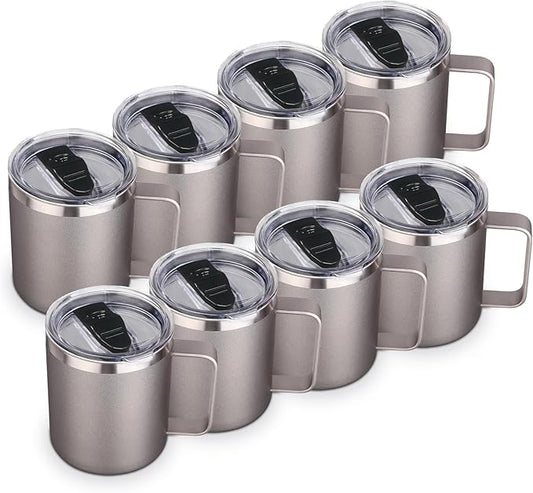 Volhoply 14oz Insulated Stainless Steel Coffee Mug with Lid Bulk 8 Pack,Double Wall Vacuum Travel Coffee Cup with Handle,Reusable Metal Cups Tumbler,Camping Mugs Keep Hot,Ideal Gifts(Gray,8 Set)