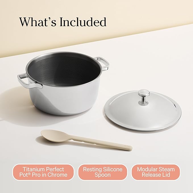 Our Place Titanium Perfect Pot Pro - 6.75 Qt No-Coating Nonstick Stock Pot | Tri-Ply Titanium & Stainless Steel | Oven-Safe up to 1000°F & Compatible with All Cooktops | Includes Spoon | Chrome