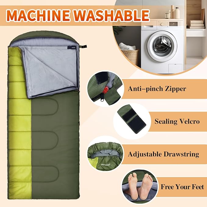 XL 10 Degree Sleeping Bags Waterproof for Adults 350GSM Machine Washable with Compression Sack for 3-4 Season Camping Outdoor