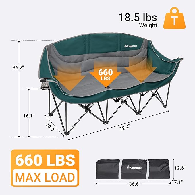 KingCamp Double Camping Chair, Oversized Heavy Duty Loveseat for Adults Portable Folding XL 2 Person Couch Padded Comfortable Two Seat with Cup Holder for Outdoor Lawn Backyard