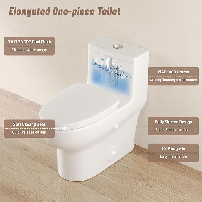 DeerValley Elongated One Piece Toilet, Dual Flush 0.8/1.28 GPF Toilet with Comfortable Seat Height, Powerful & Quiet Modern Standard Toilet for Bathroom, 10" Rough-In