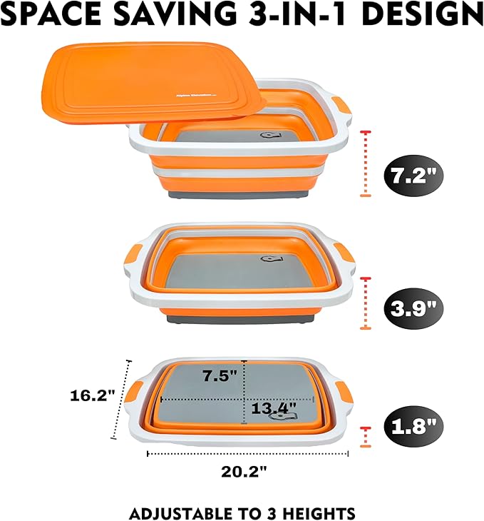 Collapsible X-Large (16L) BBQ Marinating Tub w/Cutting Board | Multipurpose Food-Grade TPE Prep Tub w/Lid | Built-in Colander & Drain Plug - for Camping | Tailgate | Picnic - Bold Orange