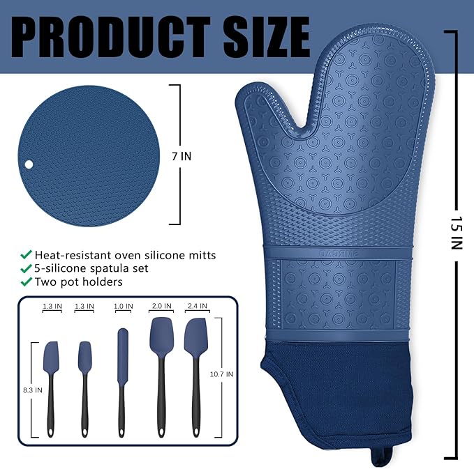 Oven Mitts with Heat-Resistant Hot Pads and Five Silicone Spatulas Designed for Kitchen Baking Cooking, Oven Glove Soft Cotton Lining, Waterproof, BPA-Free (Dark Blue, 15.7)