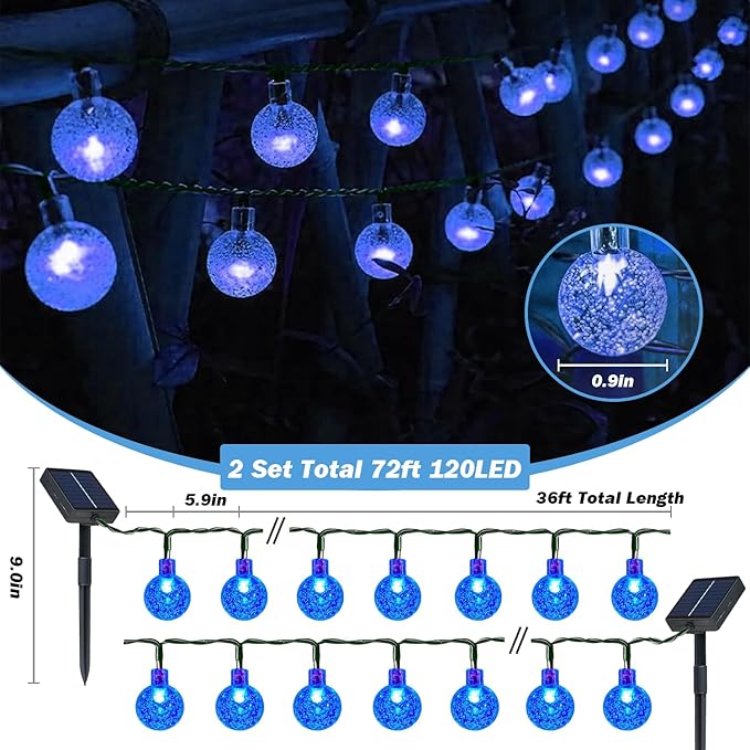 Solar Lights Outdoor Waterproof, 2 Pack Total 120LED 72FT Solar String Lights for Outside with 8 Modes, Outdoor String Lights Crystal Globe Patio Lights for Garden Yard Party Decor (Bule)