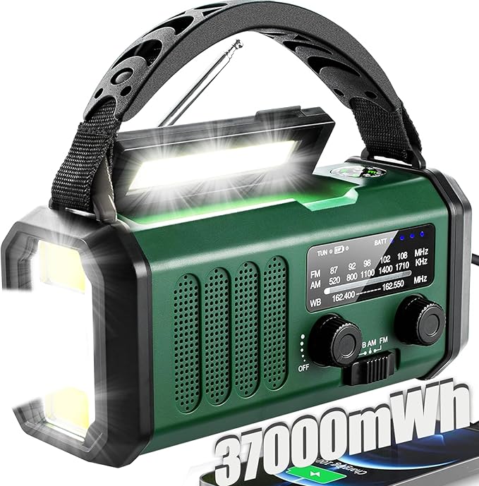 Hand Crank Emergency Radio,37000mWhSolar Powered Hand Crank Portable NOAA AM FM Weather Radio with 3Mode Flashlight and Reading Light,Cell Phone Charger,Home and Emergency Distress Signal