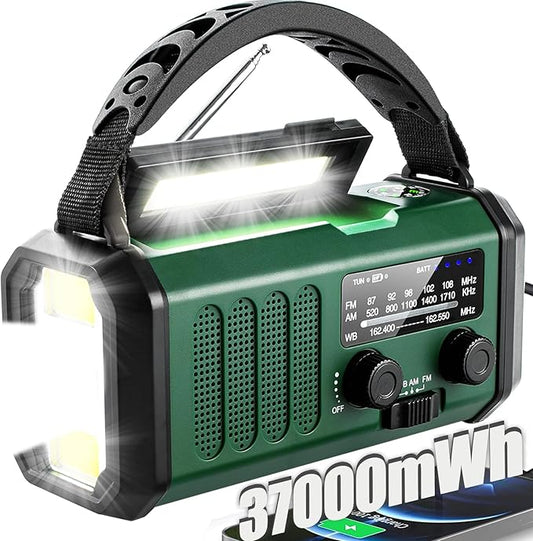 Hand Crank Emergency Radio,37000mWhSolar Powered Hand Crank Portable NOAA AM FM Weather Radio with 3Mode Flashlight and Reading Light,Cell Phone Charger,Home and Emergency Distress Signal