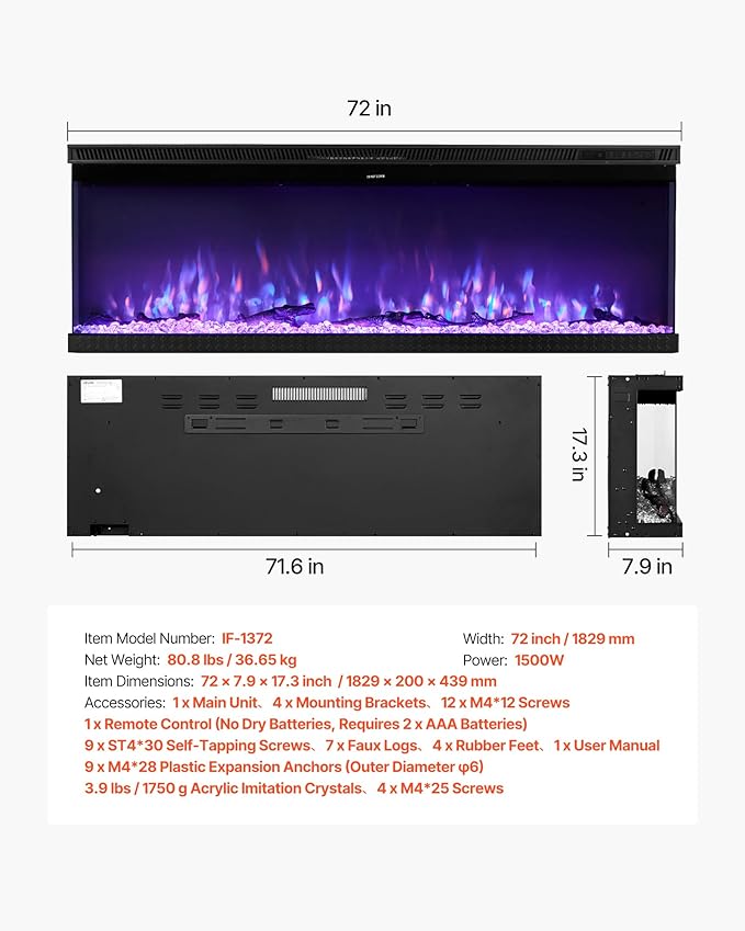 VEVOR 72 inch Electric Fireplace, Three-Sided Glass Wall Mounted Recessed Fire Place with Remote Control, Timer, 1500W, Adjustable Flame Color Brightness,Overheat Protection, for Living Room,Bedroom