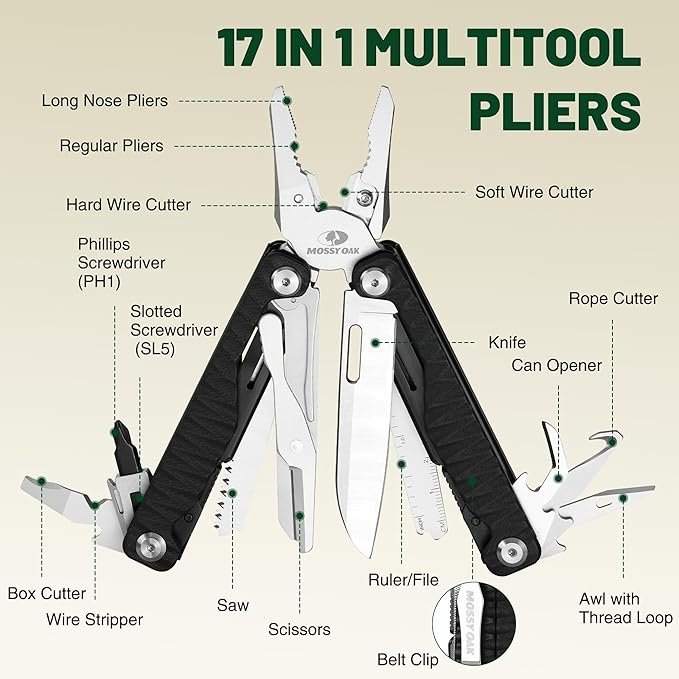 MOSSY OAK Multitool, 17-in-1 MultiTool Pliers with Nylon Sheath, Wire Stripper, Box Cutter, Bottle Opener, Screwdriver, Durable Multi Tool for Camping, Hiking, Hunting & EDC