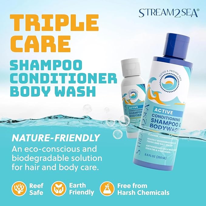 STREAM 2 SEA 3 in 1 Shampoo Body Wash and Conditioner, Reef Safe, All Natural and Organic Camping Shampoo and Liquid Soap, Skin and Hair Care for Men and Women, Sulfate and Paraben Free, 32 oz