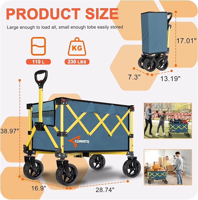 Collapsible Wagon Cart with Wheels, Heavy DutyFoldable Wagon Cart with 230lbs Weight Capacity, UtilityBeach Wagons Portable for Outdoor, Grocery, Camping,Shopping, Green