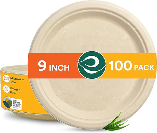 ECO SOUL Compostable 9 Inch Biodegradable Disposable Paper Plates | Eco-Friendly Dinner, Party, Wedding, Event