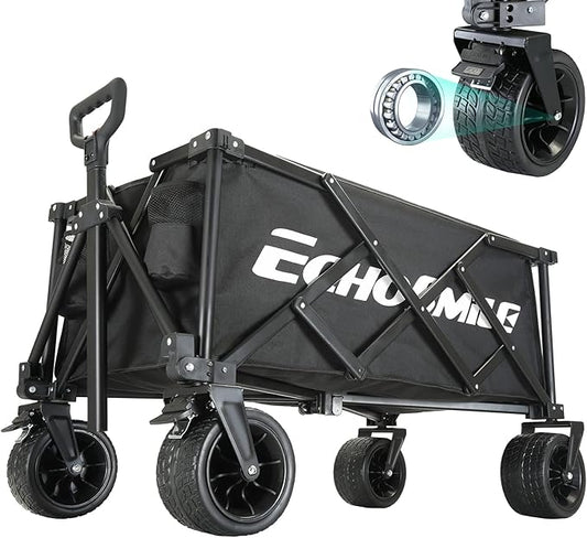 EchoSmile Collapsible Folding Wagon Cart with Compact Storage - 400LBS Capacity All Terrain Utility Cart for Camping, Beach, Grocery, Gardening - Black Outdoor Wagon
