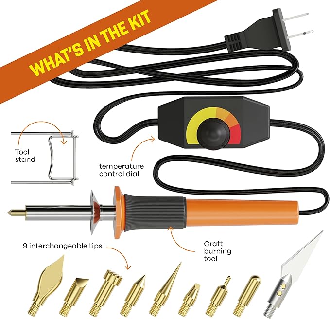 Craft Culture Wood Burning Tool Pen - Craft Burning Tools for Adults & Teens - Wood Burner Kit, Engraver, Carver, Pyrography, Woodburning - Includes 9 Premium Tips - Adjustable Temperature Control