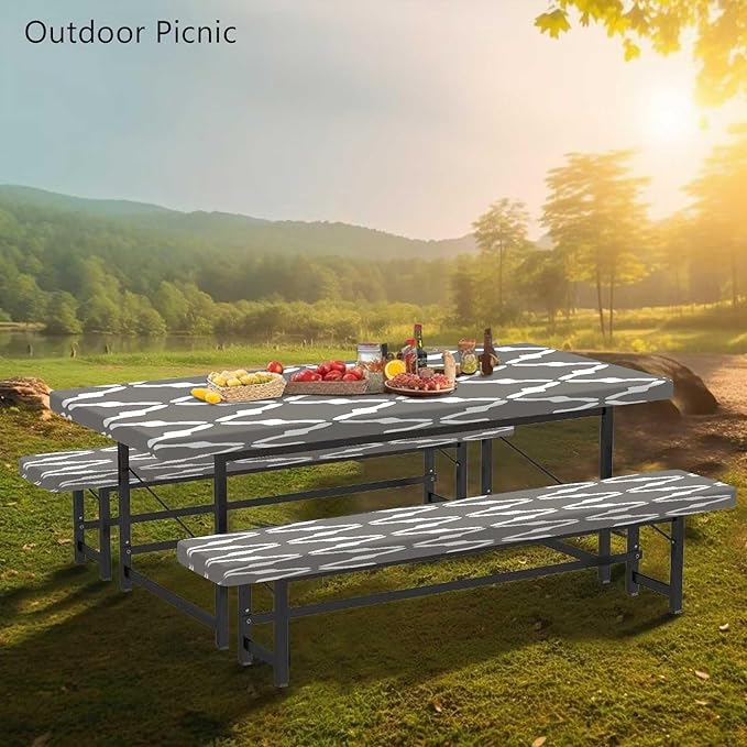 CAPSCEOLL Fitted Picnic Table Cover with Bench Covers with Elastic 6Ft Waterproof Camping Picnic Table Cover Cloths for Outdoors Camping Tablecloth with Drawstring Bag, 72X30in, White Grey