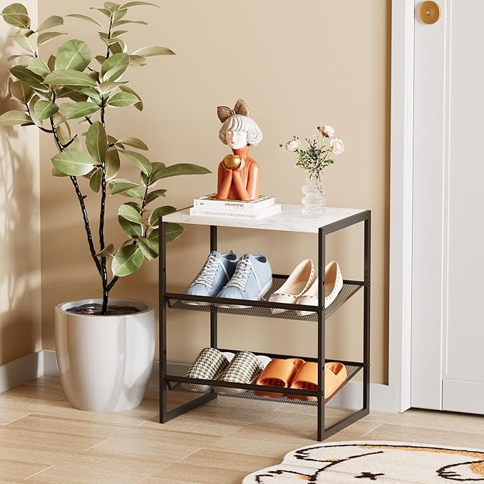 Garden 4 you 3 Tiers Narrow Shoe Rack,Small Space Freestanding Shoe Storage Organizer with White Wooden Tabletop,Adjustable Metal Shelf Stackable Shoe Shelf for Entryway Hallway Living Room Closet